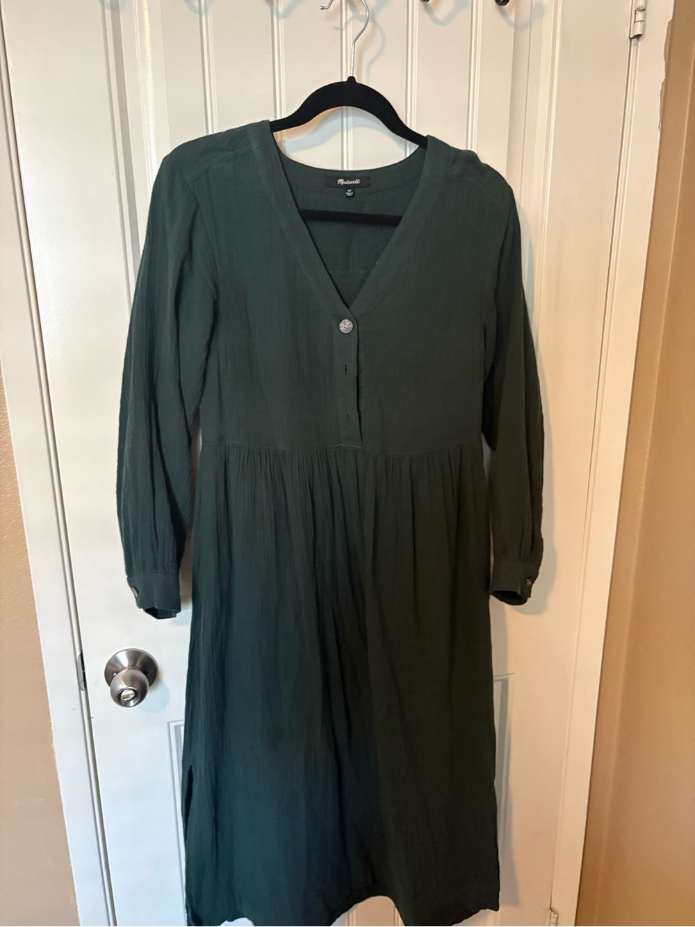 Madewell Pleated V-Neck Long Sleeve Dress in Dark Green peasant boho 00